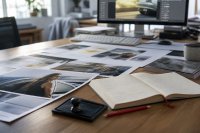 Auf einem Schreibtisch in einer Werbeagentur liegen ausgedruckte Entwürfe von Anzeigenmotiven, daneben ein Rotstift, ein Stempelkissen und ein aufgeschlagenes Notizbuch mit Korrekturen; im Hintergrund ein Bildschirm mit einer Bildbearbeitung. Symbolbild zur Prüfung von KI-Werbeinhalten vor der Veröffentlichung.
