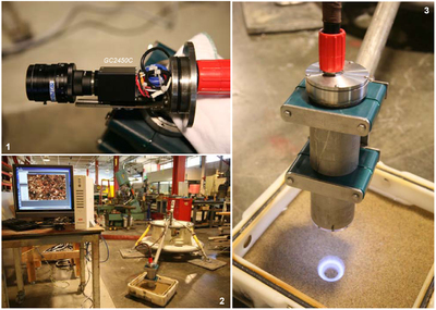 1. Nahaufnahme des Systems mit der Kamera GC2450C - 2. Plattform mit Sandkornbild bei ersten Tests - 3. Kamera und Beleuchtungsring bei Tests