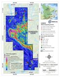 Abbildung 1. Magnetische analytische Signalkarte der MAG-/VLF-EM-Flugvermessung 2026 mit den Hauptexplorationszielgebieten von Eureka, den historischen Titanvorkommen und den Ergebnissen der Prospektionsarbeiten 2026. Das analytische Signal hebt lokale magnetische Reaktionen und breitere magnetische Trends im gesamten Projektgebiet Tyee hervor, die zusammen mit geologischen Beobachtungen zur laufenden Eingrenzung der Zielgebiete herangezogen werden.
