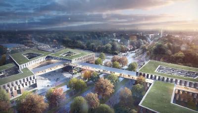 Der Entwurf des Architekturbüros Henn GmbH (München) zeigt auf dem südlichen Baufeld drei, sowie auf dem nördlichen Baufeld vier Gebäude unterschiedlicher geometrischer Zuschnitte sowie je Feld ein Parkhaus. Ein Brückenkonzept, das alle Gebäudeteile verbindet, öffnet Raum für Kreativität und Wissensaustausch und trägt zur spontanen und ungesteuerten Kommunikation auf dem Campus bei. Die Außenanlage bildet durch unterschiedliche Höhen einen fließenden Übergang in den öffentlichen Raum.