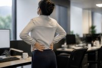 Beschäftigter dehnt am Schreibtisch den Rücken während einer kurzen Arbeitspause. Ein Beschäftigter steht in einem Büro neben seinem Schreibtisch und dehnt in einer kurzen Pause den Rücken, im Hintergrund unscharf weitere Arbeitsplätze. Symbolbild zu Rückenbeschwerden und Fehlzeiten im Arbeitsalltag. Bild KI-generiert