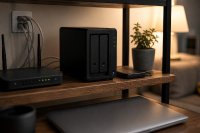 Netzwerkspeicher mit zwei Festplatteneinschüben neben einem Router auf einem Regal im Arbeitszimmer. Ein kompakter Netzwerkspeicher mit zwei Festplatteneinschüben und leuchtenden Status-LEDs steht neben einem WLAN-Router und einer externen Festplatte auf einem Holzregal im Arbeitszimmer, Netzwerkkabel führen zur Wand. Symbolbild zum Wegfall der Wechselentgelte bei Cloud-Diensten im Januar 2027. / Bild-Copyright: Provimedia GmbH / KI-generiert