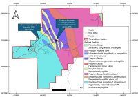 Abbildung 1. Geologische Karte von Treasure Mountain mit dem Trend der mineralisierten Erzgänge im Nordosten der Mine. Abbildung 1. Geologische Karte von Treasure Mountain mit dem Trend der mineralisierten Erzgänge im Nordosten der Mine.