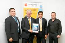 v.l.n.r. Christian Ganz Intel® Reseller Channel Manager Central Europe, Axel Petrak congatec Sales Director, Emanuel Baldi Intel® South&Western Europe Sales Director, Gerhard Edi CEO congatec AG
