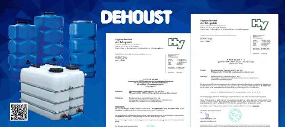 Die Prüfzeugnisse des Hygieneinstituts Gelsenkirchen erweitern die Einsatzmöglichkeiten der Dehoust Lagerbehälter und bieten dem Planer und Installateur mehr Sicherheit. Dehoust liefert die Lagerbehälter in Standardausführung, in kundenspezifischen Ausführungen und als Bestandteil von Trinkwassertrennstationen entsprechend DIN EN1717. Mehr über die PE-Lagerbehälter finden Sie im Dehoust Web unter Webcode 4100