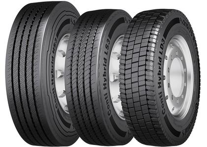 Die neuen Conti Hybrid Reifen für den gemischten Einsatz: Der Lenkachsreifen Conti Hybrid HS3 315/80 R 22.5 für schwere Lkw sowie die Lenk- und Antriebsachsreifen Conti Hybrid HS3 und Conti Hybrid HD3 215/75 R 17.5 für leichte Lkw