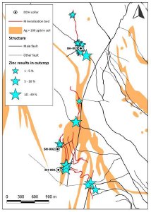 Abbildung 1. Karte des nordzentralen Teils von Tiria-Shimpia mit Darstellung der Zinkgehalte im Aufschluss im Verhältnis zu den Silbergehalten im Boden sowie der Positionen der Bohrlöcher SH-001 bis SH-003