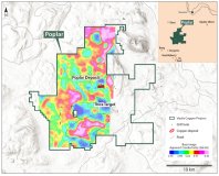 Abbildung 1. Karte des Projekts Poplar mit Lage des Zielgebiets Thira und den zuvor erfassten MobileMT-Daten1. Der Bereich, der von der Anomalie mit hoher Leitfähigkeit umgeben ist, markiert den Verlauf des Alterationskorridors von Thira.