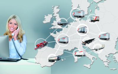 Collage: Europakarte (südwest europa) + Kögel Auflieger + Symbole für Händler & Service