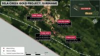 Figure 1. Sela Creek now contains four different targets where drill discoveries indicate meaningful widths and grades for orogenic gold style mineralization. Artisanal mining in saprolite suggests several more targets with the potential for open pit mining