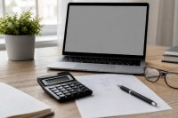 Schreibtisch mit Laptop, Taschenrechner und Ratenplan auf kariertem Papier