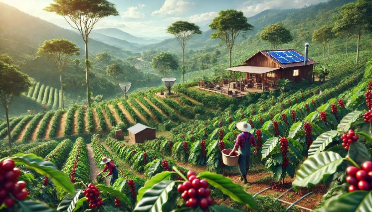 DALL·E 2024-09-04 14.13.59 - A photorealistic wide image of a sustainable coffee farm in a lush.webp