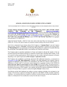 27122024_ARU_Aurania Announces Closing 23DEC2024 Final.pdf