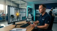 Ein Handwerksmeister im modernen Servicebüro führt per Bildschirm und Live-Video-Support eine visuelle Erstdiagnose an einer Heizanlage durch, wobei ein gelber tele-Punkt das Heizungsventil markiert.