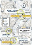 Figure 1 The Whistler Project, containing three gold ± copper ± silver mineral systems:  Whistler–Raintree contains the currently delineated Whistler and Raintree deposits; Island Mountain contains the namesake gold deposit and several additional undrilled targets; and Muddy Creek holds potential for discovery of an intrusive related gold system