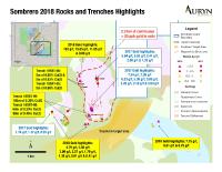 Figure 1: Illustrates the position of the copper-gold mineralization encountered in the 2018 trenching program as well as the position of high-grade gold samples across the southern half of the Sombrero property