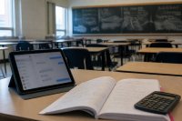 Leerer Klassenraum mit aufgeklapptem Tablet, Schulheft und Taschenrechner auf einer Schulbank