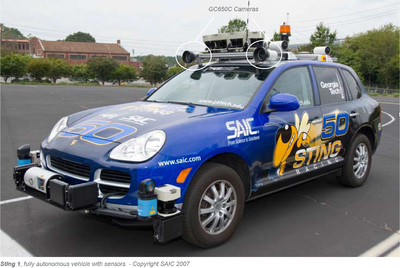 Sting 1, fully autonomous vehicle with sensors - Copyright SAIC 2007