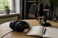 Kopfhörer und Mikrofon auf einem Schreibtisch neben aufgeschlagenem Notizblock - Ein geschlossener Studiokopfhörer liegt neben einem Tischmikrofon mit Popschutz auf einer hellen Holzplatte, daneben ein aufgeschlagener Notizblock mit leeren Seiten und ein Bleistift. Symbolbild zur Podcastnutzung und zur Messung von Audioreichweiten. Bild KI-generiert