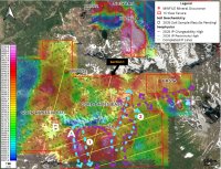 Abbildung 1. Konzessionsgebiet Black Pearl mit zusammenfallenden Anomalien der Magnetik (aeromagnetische Messung von 2025), der Aufladbarkeit und des spezifischen Widerstands. Abschnitt 1 der IP-Linie ist in der nachstehenden Abbildung 2 dargestellt. Entnahmeorte der Proben A und B auf der Karte und nachstehend beschrieben