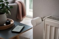 Smartes Heizungsthermostat am Heizkörper, daneben ein Smartphone mit Steuerungs-App