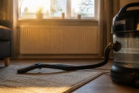 Ein Wohnzimmer am späten Nachmittag: Vor einem Heizkörper unter dem Fenster liegt ein Kurzflorteppich, im Gegenlicht sind feine Staubpartikel in der Luft zu sehen, am Bildrand steht ein Bodenstaubsauger mit transparentem Wasserbehälter, Schlauch und Saugrohr liegen auf dem Boden. Symbolbild zu Allergenen im Hausstaub während der Heizperiode.