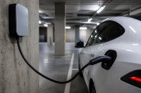 In einer hell beleuchteten Tiefgarage hängt an einer Betonwand eine schlichte Wandladestation mit eingestecktem Ladekabel, das zur Ladeklappe eines daneben geparkten Elektroautos führt; am Boden eine Parkplatzmarkierung, im Hintergrund weitere leere Stellplätze. Symbolbild zum Laden von Elektroautos im Mehrfamilienhaus.