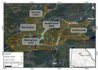 Figure 1: Location of the Roaring Fork Zone (Figure 2) and Seattle Creek Zone (Figure 7) in Nitra, approximately