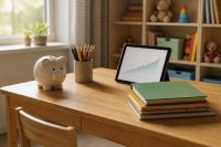 Kinderschreibtisch mit Sparschwein, Schulheften und einem aufgeklappten Tablet mit Kursdiagramm. Auf einem hellen Kinderschreibtisch stehen ein Sparschwein aus Keramik und ein Becher mit Buntstiften, daneben liegen Schulhefte und ein aufgeklapptes Tablet, dessen Bildschirm eine unscharfe Kurve zeigt, im Hintergrund ein Kinderzimmerregal. Symbolbild zur geplanten staatlichen Förderung der Altersvorsorge für Kinder ab Januar 2027. / Bild-Copyright: Provimedia GmbH / KI-generiert