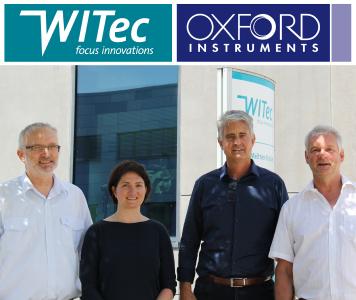 The companies’ representatives following the official announcement at WITec Headquarters in Ulm, Germany. From left to right: Joachim Koenen (Managing Director at WITec), Alexandra Lipes (HR Generalist at Oxford Instruments), Dirk Keune (Managing Director Germany and Director Sales EMEAI at Oxford Instruments) and Olaf Hollricher (Managing Director at WITec).