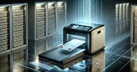 Digital dargestellter Dokumentenscanner in einer modernen IT-Umgebung, der ein Schriftstück verarbeitet.
