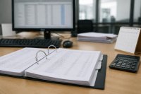 Aktenordner mit Jahresabschlussunterlagen und Kalenderblatt auf einem Büroschreibtisch. Auf einem schlichten Büroschreibtisch liegen ein aufgeschlagener Aktenordner mit Bilanzausdrucken, ein Taschenrechner und ein Tischkalender, im Hintergrund ein Bildschirm mit einer Tabelle. Symbolbild zur Offenlegungsfrist für den Jahresabschluss und zum Ordnungsgeldverfahren.