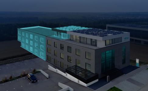 WITec GmbH’s headquarters building in Ulm, Germany. The highlighted structure shows the addition currently under construction.