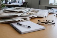 Mehrere aufgeschlagene Tageszeitungen liegen gestapelt auf einem Redaktionstisch, daneben ein Notizblock, ein Stift und eine Lesebrille. Symbolbild zur Prüfung redaktioneller Veröffentlichungen durch die Freiwillige Selbstkontrolle der Presse.