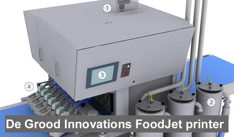 De Grood Inovations FoodJet printer - The printer’s vision system uses Matrox Iris GT smart camera (1). Additional reservoirs contain liquid that can be dispensed within minutes if a switch is needed (2). The HMI provides the operator with information on choice of product, pressure and shutter times of values (3). Printing heads (4)