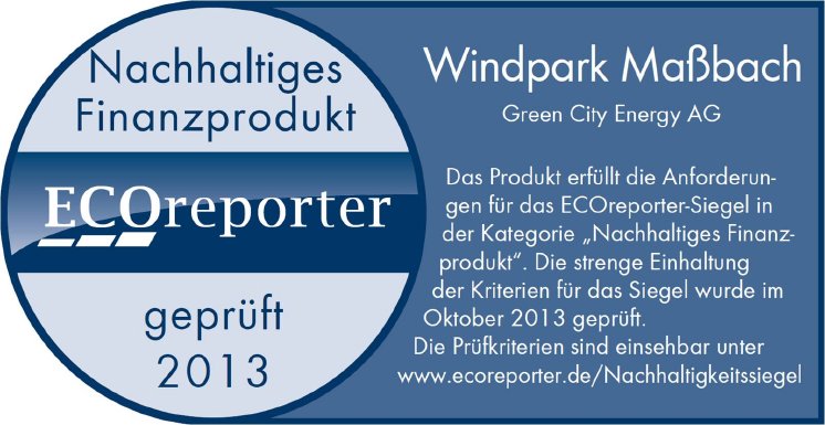 Nachhaltigkeitssiegel von ECOreporter für den Windpark Maßbach von Green City Energy.jpg