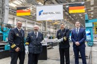 First Steel Cutting Ceremony for the third FDB424 intelligence vessel on 16 April 2026 at the Peene-Werft. From left: Captain (OF-5) Dietrich Esfeld, Project Manager for FDB 424 intelligence vessel, Commander (OF-4) Omar de Stefano, Commander (OF-4) Peter-Christian Wienss and Florian Lahl, Rheinmetall Project Manager for FDB 424 intelligence vessel