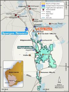 Abbildung 1: Lage des Projekts Spargos Reward in Bezug auf die Mine Beta Hunt und die Goldbergbaubetriebe Higginsville, Western Australia