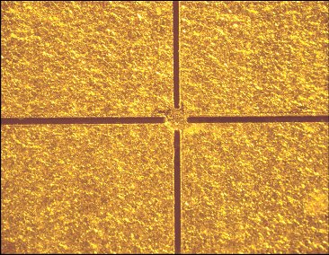 Bearbeitete und gereinigte Goldfolie des Detektors. Die Breite der Schnittlinien beträgt ca.jpg