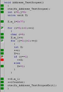iSYSTEM tools take great care to show accurately what is actually going on. In iSYSTEM’s winIDEA source code view every line that generates object code has a code coverage legend aligned to the left. Note that some "{" and "}" are not creating object code and therefore have no code coverage legend aligned