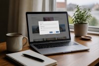 Ein aufgeräumter Schreibtisch am Fenster, auf dem Notebook ist eine Website mit einem geöffneten, unscharfen Zustimmungsdialog zu sehen, daneben eine Kaffeetasse und ein Notizblock mit Stift, weiches Tageslicht. Symbolbild zur Einwilligungsverwaltung im Oktober 2026. Bild KI-generiert.