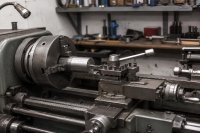 Eine Drehmaschine mit eingespanntem Metallwerkstück steht in einer aufgeräumten Werkstatt, im Hintergrund Werkzeugregale. Symbolbild zur Lage im Werkzeugmaschinenbau. Bild KI-generiert.