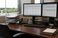 Schreibtisch einer Meldestelle mit zwei Bildschirmen, Aktenstapel und einem Telefon