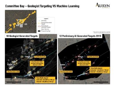 Abbildung 1 zeigt einen Vergleich der vom Geologen und dem KI Lernen abgeleiteten Ziele aus dem zentralen Teil des Committee Bay Goldgürtels. Beachten Sie, dass es mehrere Ziele gibt, die sich überschneiden, was dem technischen Team von Auryn das Vertrauen in unsere bisherigen Targeting-Aktivitäten und die neu abgeleiteten KI Lerntechnologie gibt
