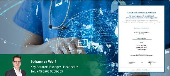 Zertifikat IT-HAUS Johannes Wolf: Bestätigung zur Eignung für die Beratung und Validierung von Projekten im Zusammenhang mit dem Krankenhauszukunftsfond im Rahmen des KHZG