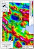 Abbildung 1. 3D-IP-Vermessungslinien auf Cabin Lake im Jahr 2026 über magnetischen Vermessungsdaten, die die mineralisierten Zonen West, New, Central, East und Bluff zeigen.