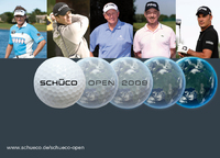 (v.l.n.r.) Das Team der Schüco-Markenbotschafter, das rund um den Globus für einen nachhaltigen Klimaschutz abschlägt: Bernhard Langer, Martin Kaymer, Colin Montgomerie, Miguel Ángel Jiménez und Grégory Havret