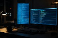 Nächtlicher Arbeitsplatz eines Entwicklers mit zwei Bildschirmen und Protokollausgabe