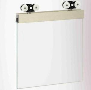 Glass clamping plate 80 with clip cover, roller carriage and track rail for glass sliding doors