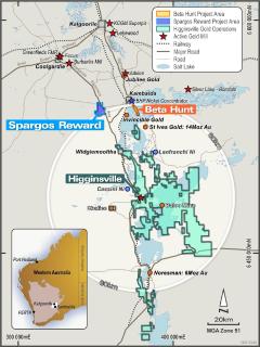 Abbildung 1: Lage des Projekts Spargos Reward in Bezug auf die Mine Beta Hunt und die Goldbergbaubetriebe Higginsville, Western Australia